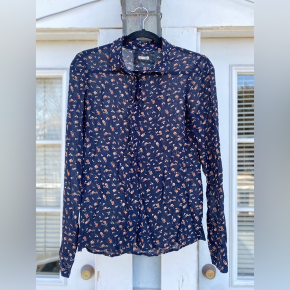 Reformation Blue Floral Print Button Down Long Sleeve Chiffon Shirt, Size XS - Picture 5 of 13